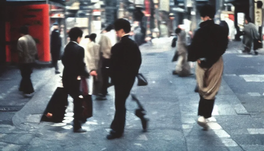 Image similar to masterful street photography by haruto hoshi and yang seung woo and saul leiter, people in tokyo japan, film grain, full color, shot on kodak gold with a canon 3 5 mm lens aperture f / 5. 6, hyperrealistic
