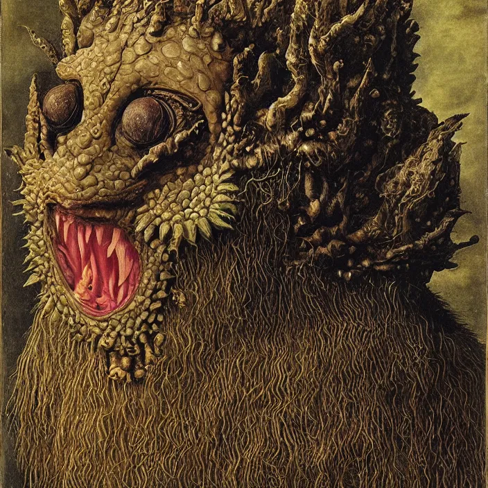 Prompt: close up portrait of a mutant monster creature with iris flower eyes, large thorny tongue, fractal long ears, cloak. jan van eyck, walton ford