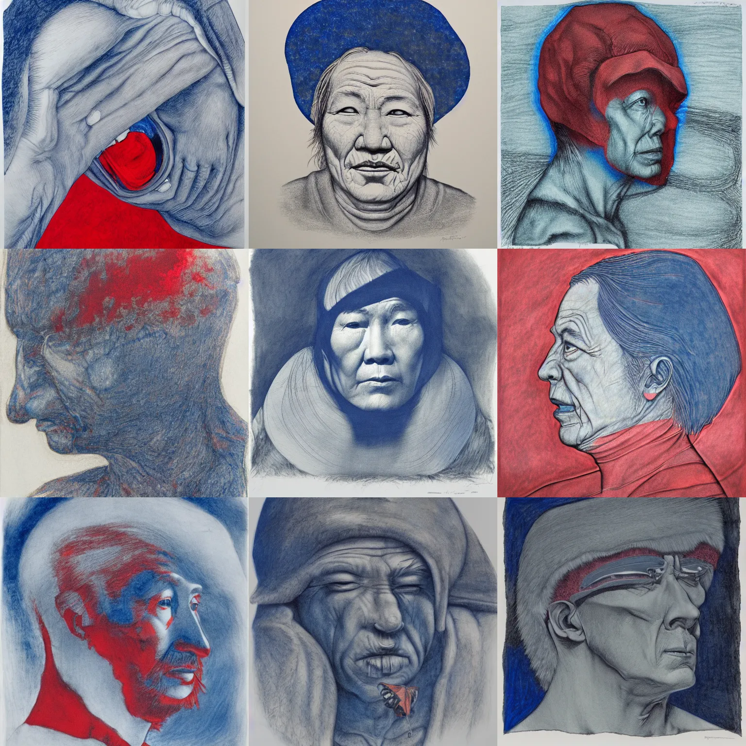 Prompt: inuk realist lithograph of biologist, ultramarine blue, venetian red, titanium buff, luminous, ethereal, dense linework, grisaille, color blocks, subsurface scattering