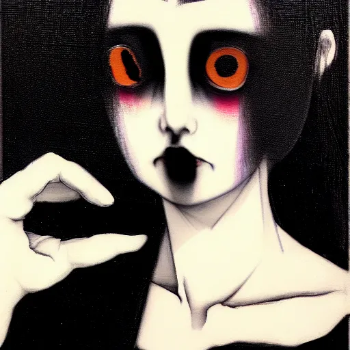 Prompt: yoshitaka amano blurred and dreamy minimalistic three quarter angle portrait of a young woman with black lipstick and black eyes wearing dress suit with tie looking up and to the side, junji ito abstract patterns in the background, satoshi kon anime, noisy film grain effect, highly detailed, renaissance oil painting, weird portrait angle, blurred lost edges