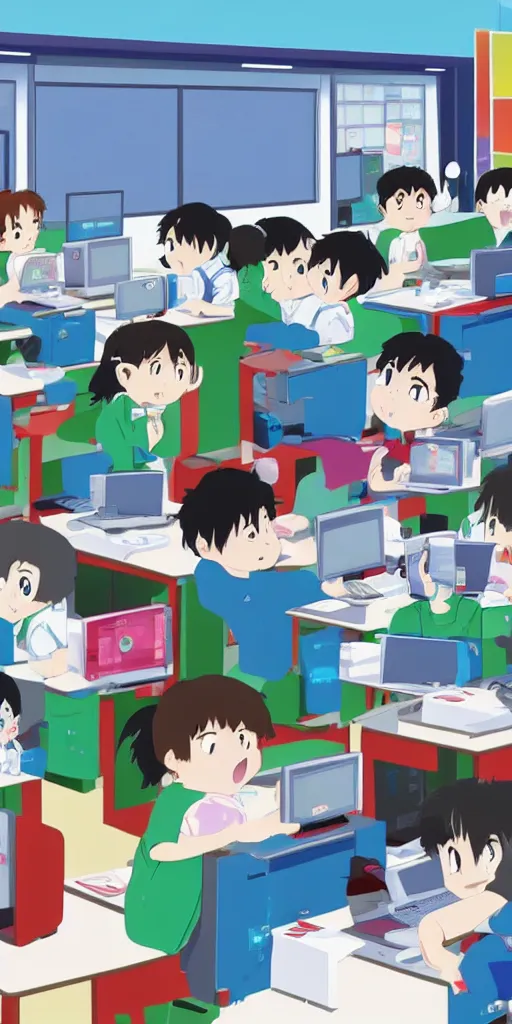 Prompt: japanese animation, children's computer classroom.