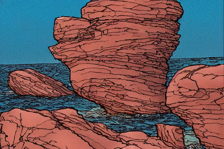 Image similar to seaside rocks in the style of Moebius