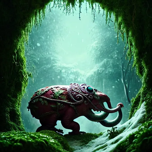 Prompt: creature in a lush trunda vegetation, snow snow :: by Michal Karcz, Daniel Merriam, Victo Ngai and Guillermo del toro :: ornate, dynamic, particulate, intricate, elegant, highly detailed, centered, artstation, smooth, sharp focus, octane render, 3d