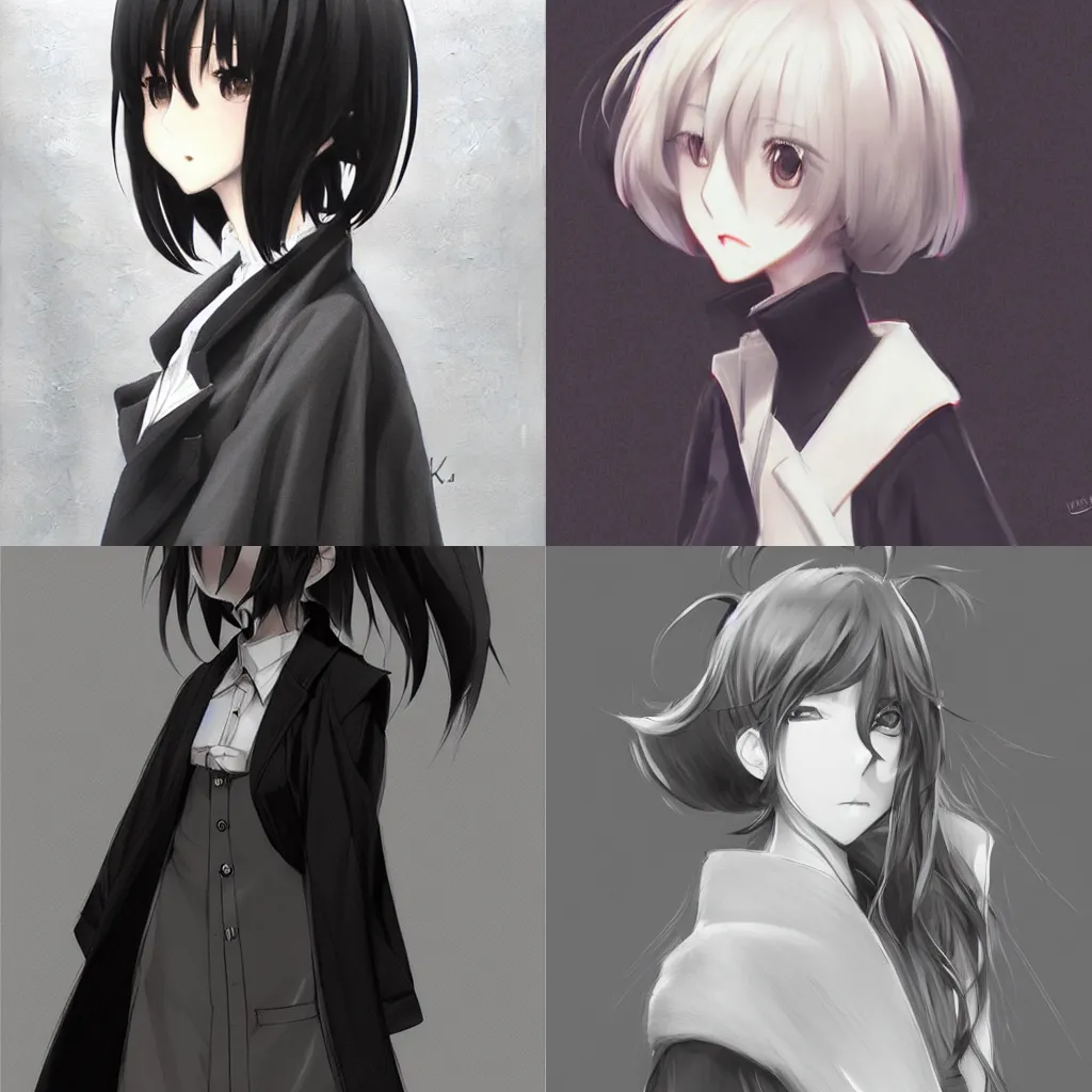 Prompt: A cute manga girl wearing a stylish long coat in windy weather by Range Murata, black medium length Dutch bob cut hair with straight bangs, dark eyes, black and white charcoal sketch, Huke, krenz cushart, trending on artstation