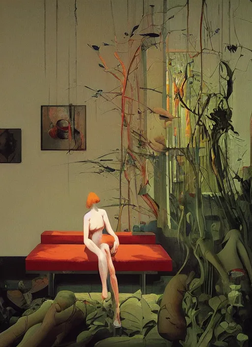 Image similar to time does not exist anymore by edward hopper and james gilleard, zdzislaw beksinski, overgrown vegetation, open ceiling, highly detailed, painted by francis bacon, painted by james gilleard, airbrush, ilya kuvshinov, wlop, stanley artgerm, very coherent, art by takato yamamoto and james jean