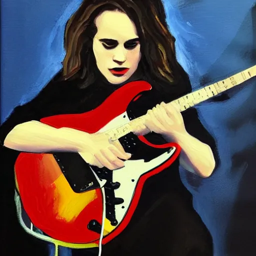 Prompt: Anna Calvi playing electric guitar, oil painting by Lindsay Bernard Hall