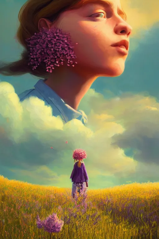 Prompt: portrait, giant lilac flower as head, girl in heather field, surreal photography, golden hour, colorful clouds, impressionist painting, digital painting, artstation, simon stalenhag