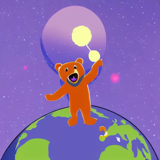 Image similar to cartoon animated illustration of a bear mascot being launched from a futuristic marble planet, purple and orange cloudland