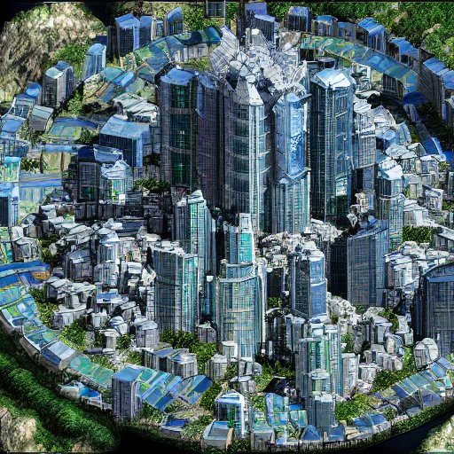 Image similar to mountain size arcology hive city, crowded with people, satellite view, zoom out