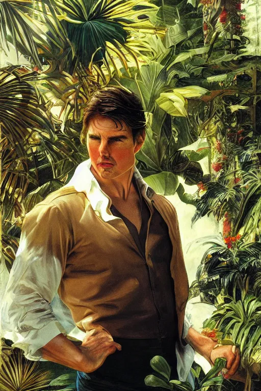 Image similar to tom cruise, golden hour, in a tropical garden by a pool, artstation, by j. c. leyendecker and peter paul rubens,