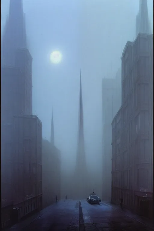 Prompt: a foggy morning in san francisco by arthur haas and bruce pennington and john schoenherr, cinematic matte painting, 8 k, dark color palate