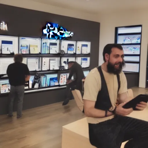 Prompt: photo of cavemen at an iphone store, award - winning photograph