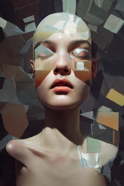 Image similar to 3 d, close - up, fashion model looking up, marble, tears, poster art, intricate oil painting, high detail, figurative art, multiple exposure, poster art, 3 d, by stanley kubrick and tooth wu and wlop and beeple