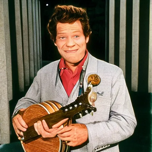 Prompt: George Segal as Jack Gallo from the NBC sitcom just shoot me 1997 is standing outside 30 Rockefeller Plaza holding a Banjo.