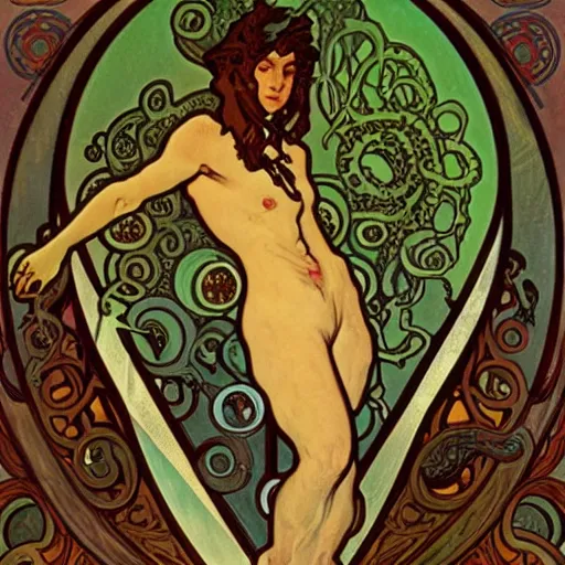 Image similar to lovecraftian protagonist by alphonse mucha