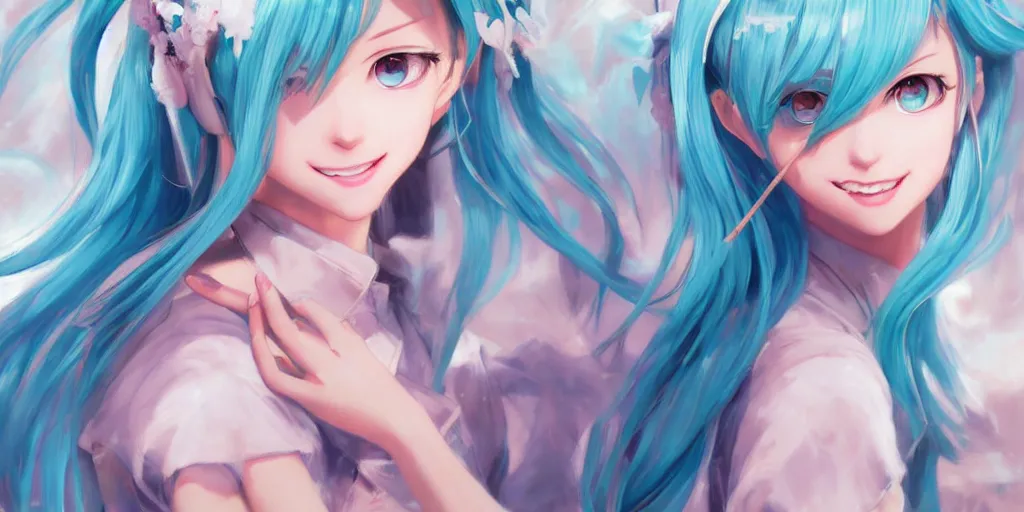 Image similar to A very beautiful painting of Hatsune Miku by rossdraws, wlop, artgerm, Gil Elvgren, Ilya kuvshinov