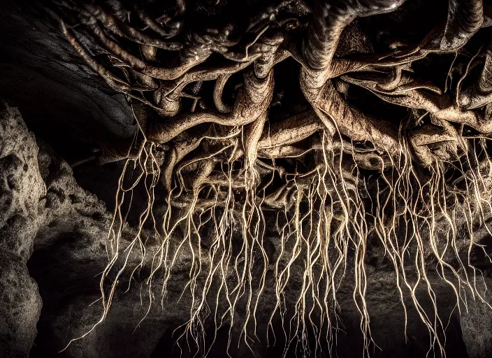 Image similar to photo of roots growing down from a ceiling in an underground cavern wrapped around a woman. Fantasy magic horror style. Highly detailed 8k. Intricate. Nikon d850 55mm. Award winning photography. Nekro