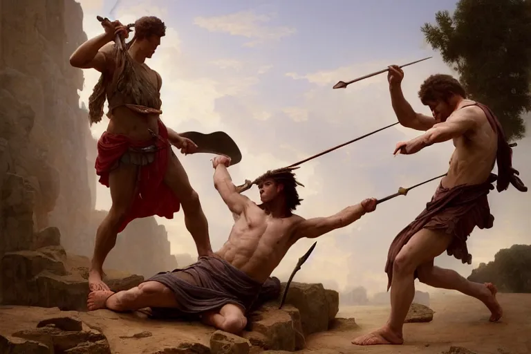 Image similar to ancient historically accurate depiction of the Bible duel bettween the shepherd boy david and Goliath of Gath, the Philistine warrior giant, by frank miller, illustration by Ruan Jia and Mandy Jurgens and William-Adolphe Bouguereau, Artgerm, 4k, digital art, surreal, space dandy style, highly detailed, godsend, artstation, digital painting, concept art, smooth, sharp focus, illustration by Ruan Jia and Mandy Jurgens and William-Adolphe Bouguereau, Artgerm