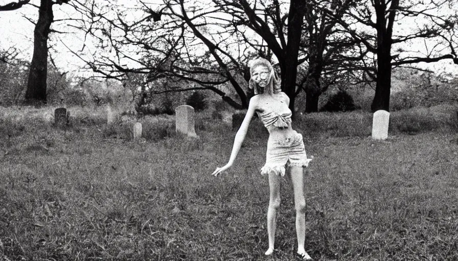 Prompt: 7 0 s film still from a horror movie starring a person with anorexia dancing in a graveyard, kodachrome, cinecolor, cinestill, photorealism, cinematic, film grain, film texture, vhs recording