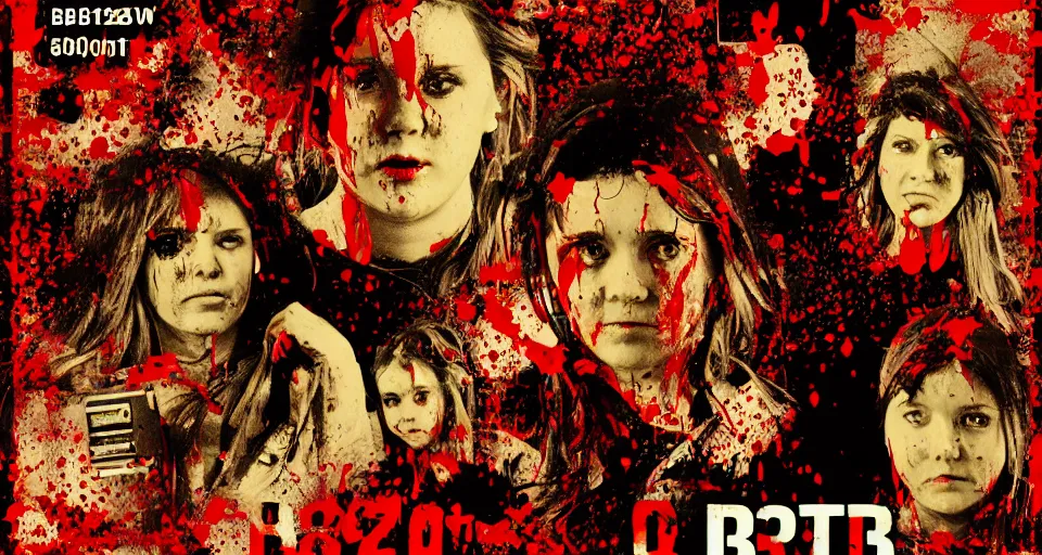 Image similar to category b film poster with trace of a shots in centre, seamless texture, several blood splatter on the sides, focus render, grainy tape, distortion, few details, illustrations, vhs effect