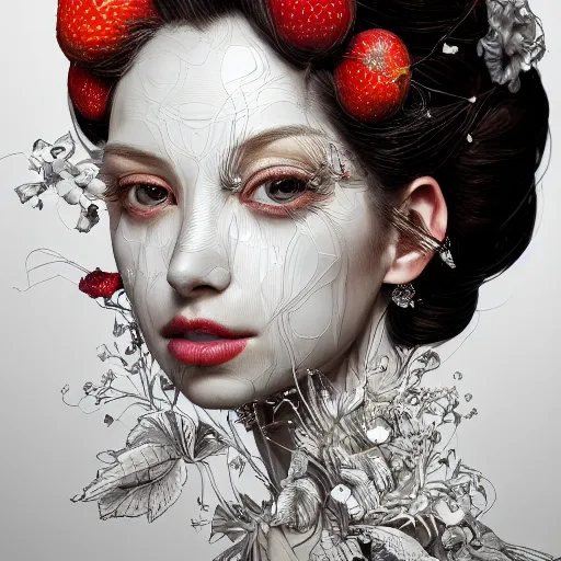 Image similar to the portrait of an absurdly beautiful, graceful, elegant, sophisticated, fashionable woman made of strawberries and white petals looking down, an ultrafine hyperdetailed illustration by kim jung gi, irakli nadar, intricate linework, bright colors, octopath traveler, final fantasy, unreal engine 5 highly rendered, global illumination, radiant light, detailed and intricate environment