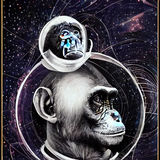 Prompt: double exposure portrait of astronaut and a chimpanzee astronaut with space and time in the the background by davinci, circles, psychedelic, pencil art, high definition, dynamic lighting stars, sharpness, spirals, golden ratio