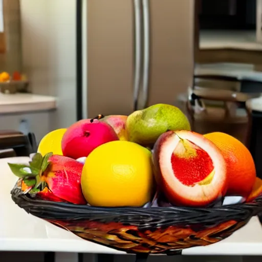 Image similar to a fruit basket on top of a kitchen table