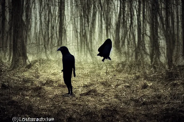 Image similar to !! human mixed with a crow, photograph captured in a dark forest