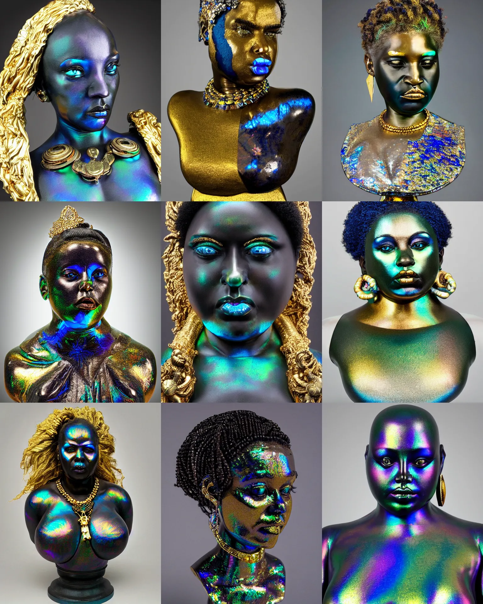 Prompt: intricate slightly iridescent and translucid realistic bust sculpture of futuristic digital obese angry beautiful black girl empress, stone and glass and gold and lapislazuli