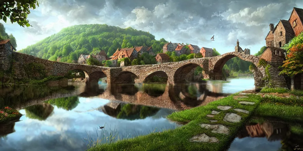 Prompt: super realistic photorealistic detailed village with a river, water, reflection, stone bridge, art by Gediminas Pranckevicius, Michelangelo