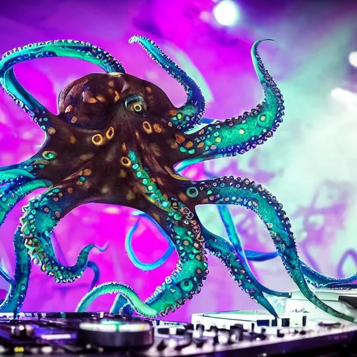 Image similar to award winning closeup photo of an octopus! as a dj with tentacles! simultaneously placed turntables cdjs and knobs of a pioneer dj mixer. sharp, blue and fuschia colorful lighting, in front of a large crowd, studio, medium format, 8 k detail, volumetric lighting, wide angle, at an outdoor psytrance festival main stage at night, concept art