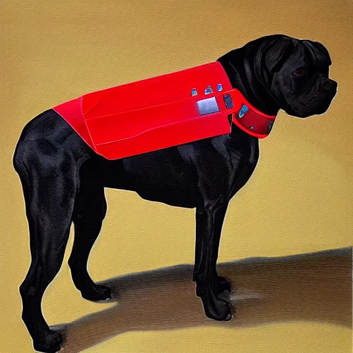 Image similar to painting of a black cyborg pitbull lab wearing thin red dog - collar, hyper detailed, thin brush strokes, oil painting