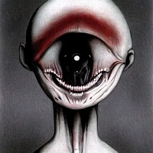 Image similar to humanoid with crooked teeth, two shallow black eyes, long open black mouth, alien looking, big forehead, horrifying, killer, creepy, photo turning slightly yellow, long open black mouth, dead, looking straight into camera, realistic, slightly red, long neck, boney, monster, tall, skinny, skullish, deathly, in the style of alfred kubin
