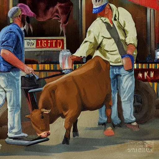 Prompt: a cow steals wine from a market stall. one of the bottles breaks spilling its contents on the street. a guard is going after the cow, digital art