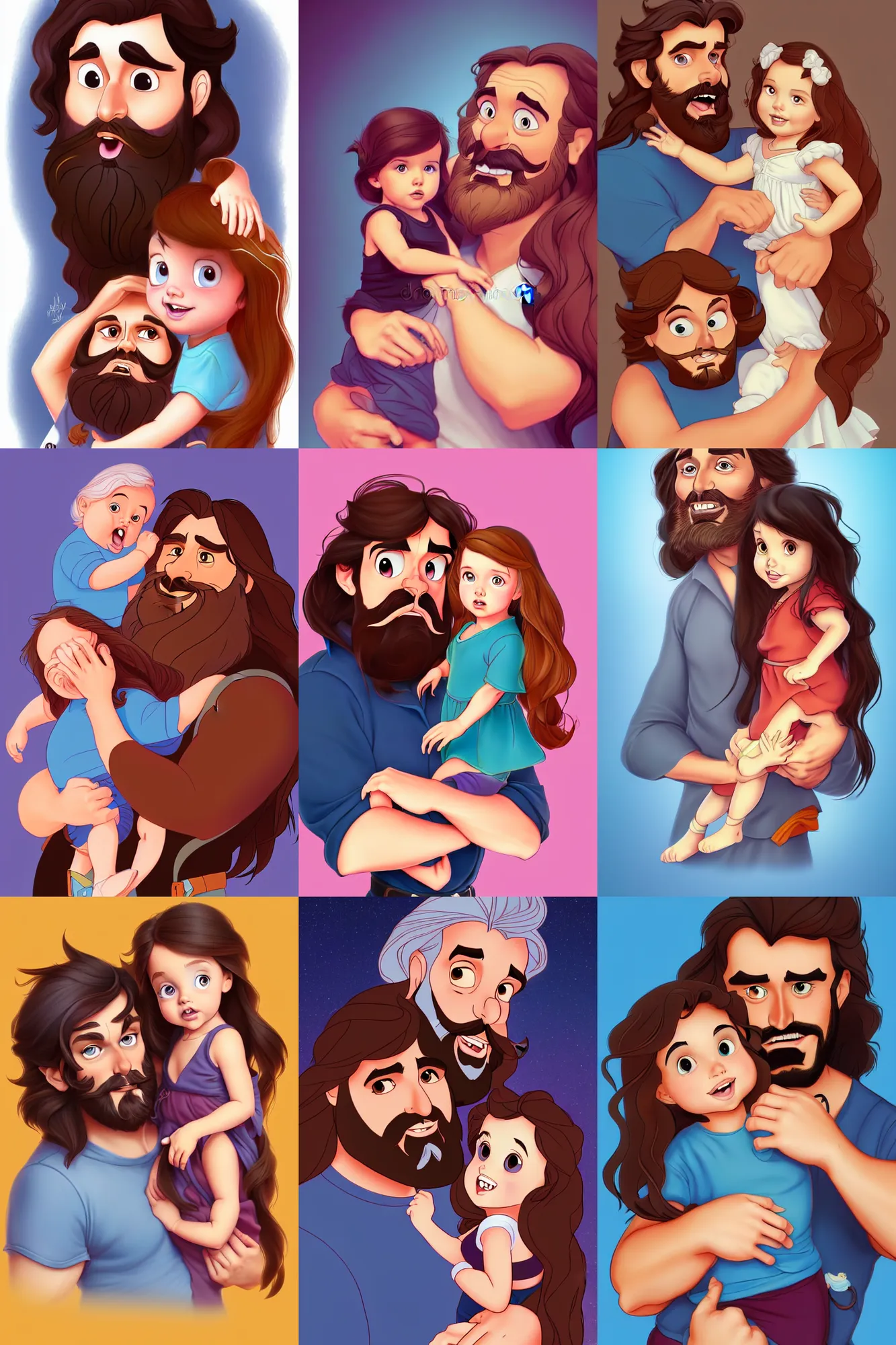 Image similar to a long - haired bearded father and his brunette child toddler girl full color digital illustration in the style of don bluth, artgerm, artstation trending, 4 k