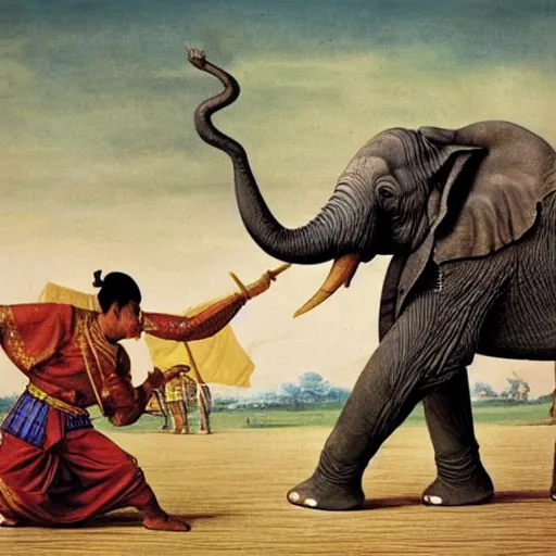 Prompt: the elephant battle, king naresuan is known in thailand for his 1 5 9 3 elephant duel with crown prince mingyi swa.