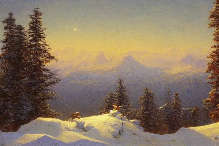 Prompt: mountains, trees, beautiful nature, winter, night, stars, snow, very detailed, focused, oil painting, colorful, canvas, artstation, Sydney Mortimer Laurence, Albert Bierstadt, Theodor Kittelsen, Hans Dahl