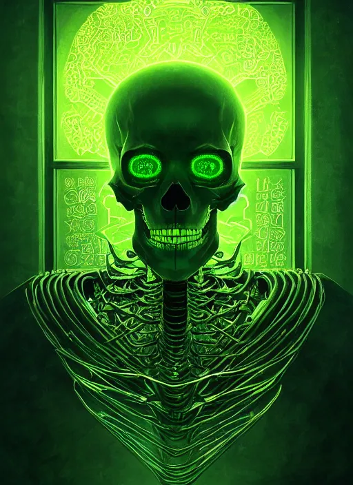 Image similar to portrait of a cyber skeleton, writing ancient runes with glowing green ink in a grand tome, intricate, elegant, glowing lights, highly detailed, digital painting, artstation, concept art, smooth, sharp focus, illustration, art by wlop, mars ravelo and greg rutkowski