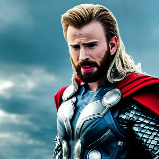 Image similar to chris evans as thor, marvel cinematic universe, mcu, canon eos r 3, f / 1. 4, iso 2 0 0, 1 / 1 6 0 s, 8 k, raw, unedited, symmetrical balance, in - frame,