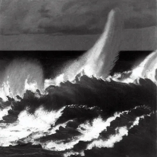 Image similar to by edwin austin abbey, by max dupain jaunty. the digital art of a huge wave about to crash down on three small boats. the boats are filled with people, & they all look terrified.