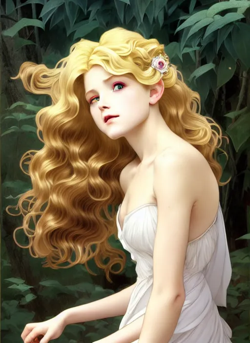 Image similar to young vampire blond girl, goddess of obsidian diamonds and black peonies, with long curly, golden hair, perfectly proportioned face, brown eyes, sweet smile, strong jawline, natural lighting, path traced, god rays, highly detailed, high quality, cartoon, digital painting, by new haicheng studio ghibli and riccardo federici and alphonse mucha