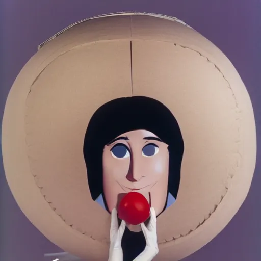 Prompt: glamorous woman with an inflatable spherical prosthetic nose, circular cardboard cartoon eyes, 1 9 7 2, color, chantal akerman, medium - shot 1 6 mm film, interior