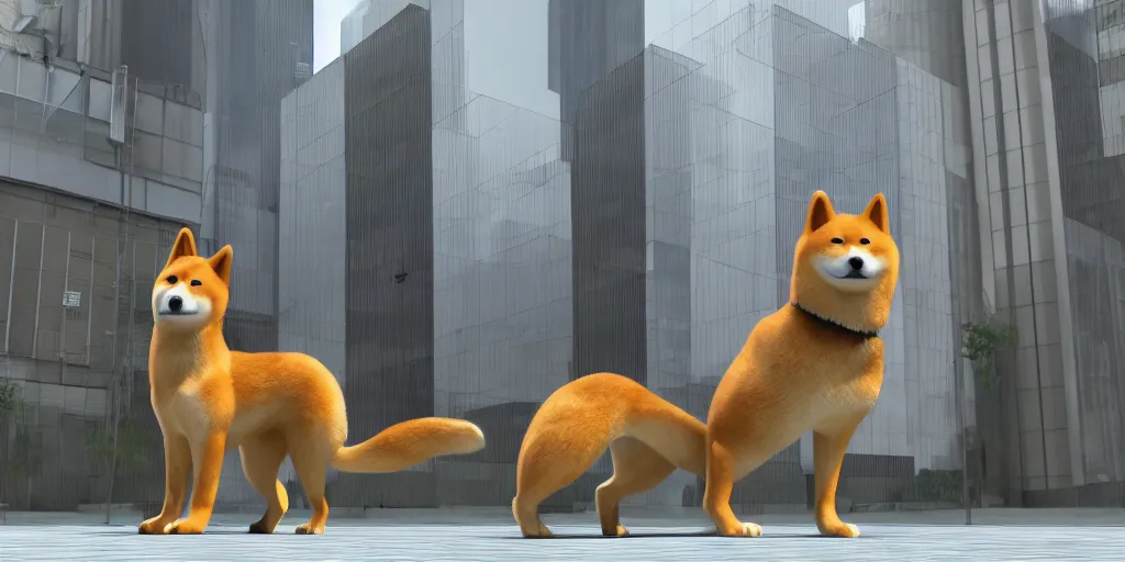 Image similar to a highly detailed render of a giant shiba inu standing in tokyo, hyperrealistic, realistic, 8 k, made in unreal engine 5