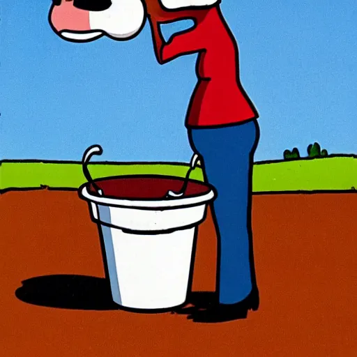 Prompt: a cow points at a bucket in the style of gary larson