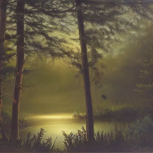 Prompt: will o'the wisp at twilight floating over a clearing in the forest next to a pond, highly detailed, oil painting