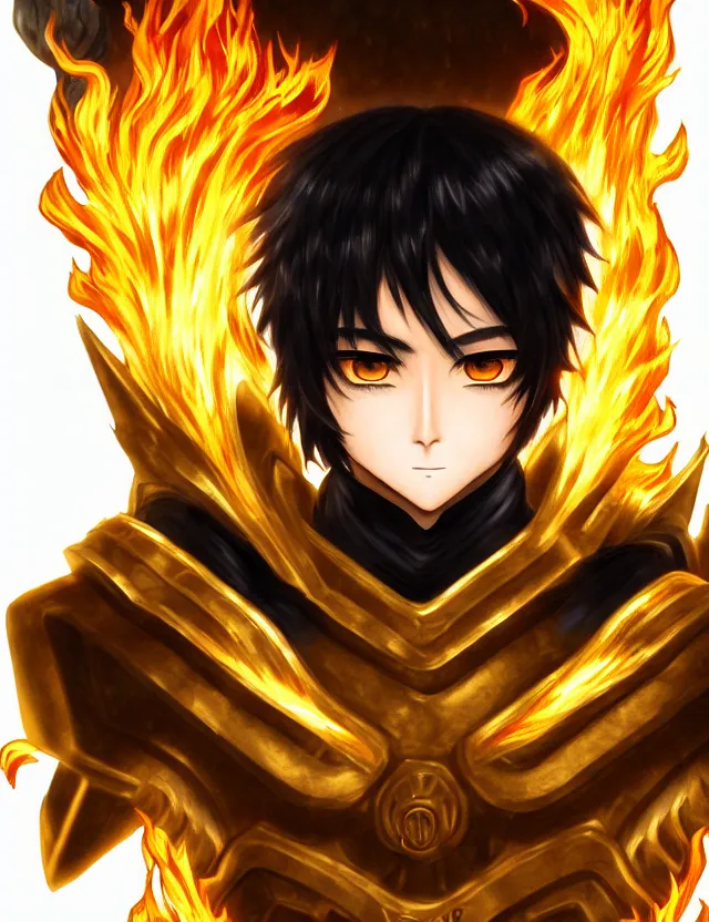 Image similar to a detailed manga portrait of a black haired man with hazel eyes in gleaming golden armour that burns with golden fire, trending on artstation, digital art, 4 k resolution, detailed, high quality, sharp focus, hq artwork, coherent, insane detail, character portrait