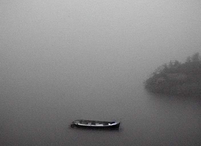 Image similar to boat, mist, lomography photo effect, monochrome, noise grain film, old photo