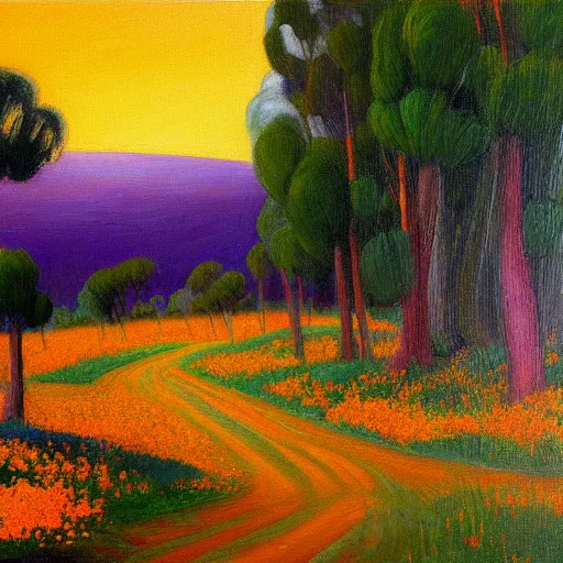 Image similar to a painting of a dirt road surrounded by eucalyptus trees and california golden poppies, violet woodland hill in the distance, violet sunset. an oil painting by magali villenueve, green orange violet triadic color palette, featured on deviantart, australian tonalism, pre - raphaelite, impressionism, detailed painting