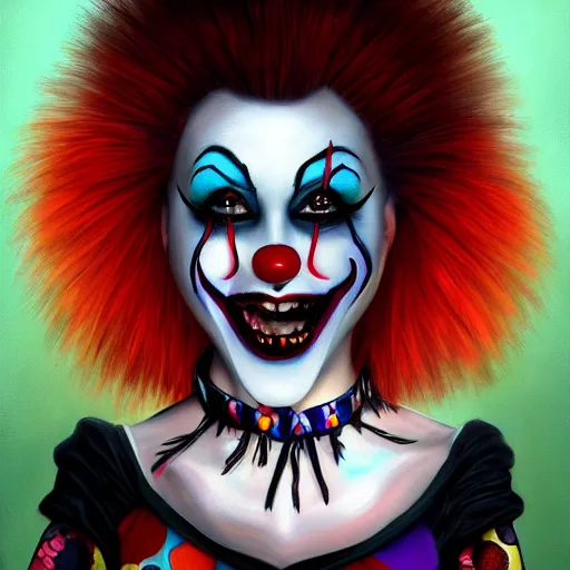 Image similar to goth clown girl, painting, highly detailed, artstation, colorful, beautiful