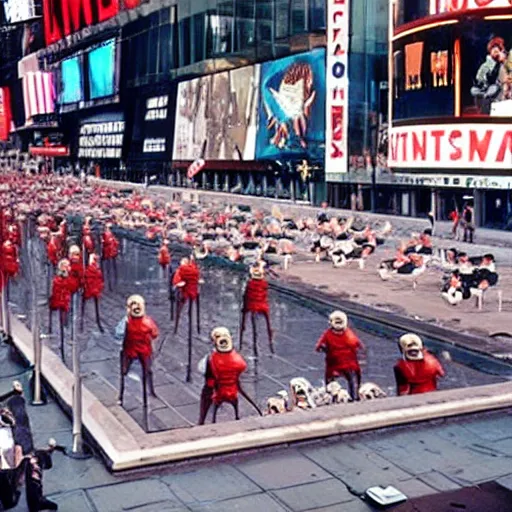 Prompt: still of donald trump clones invading time square, wearing medieval helmets, in american psycho ( 1 9 9 9 ), and still of liminal swimming pools, in american psycho ( 1 9 9 9 )